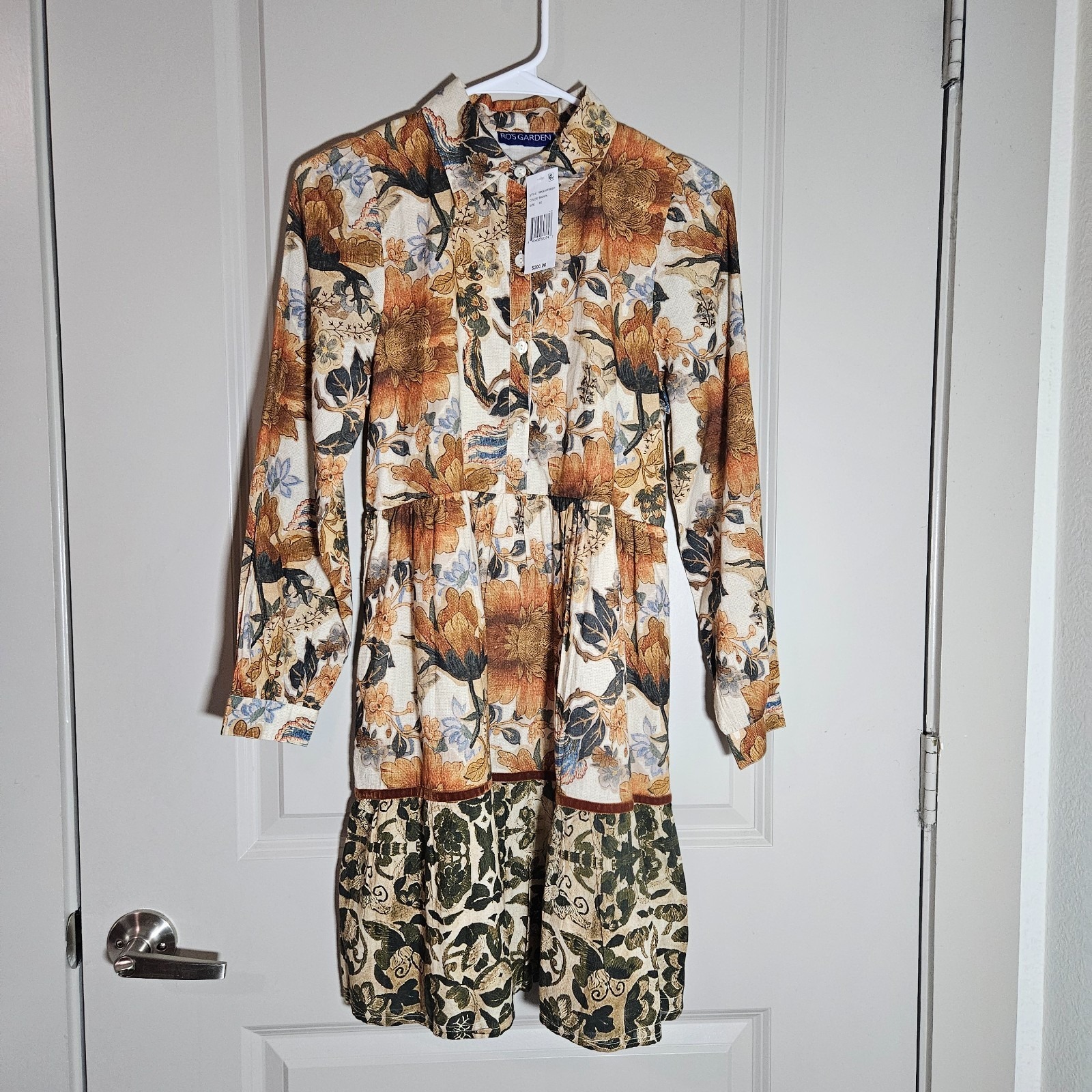 $200 New Ro's Garden Romy Short Dress Xs 1/2 Button Lined Floral Brown